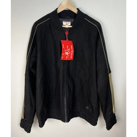 True Religion Fashion Varsity Bomber Jacket Black/Gold Size Large Style 103121 - Picture 1 of 10